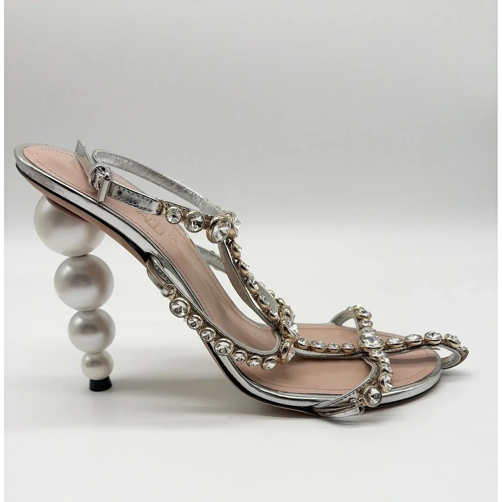 Giambattista Valli Crystal-Embellished T-Strap‎ Sandals Pearl Heel Bridal 39